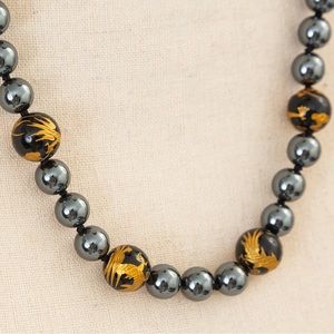Hematite necklace onyx gold leaf interspersed dragon beads magnetic closure